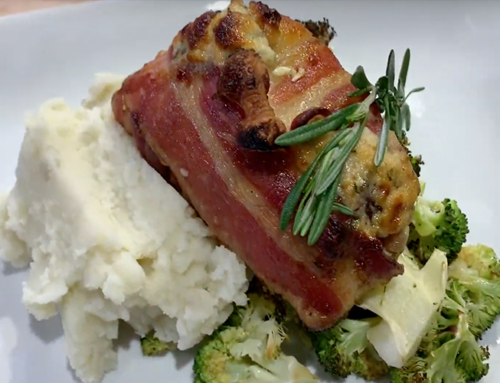 Stuffed Chicken Wrapped in Bacon with Mashed Potatoes and Broccoli