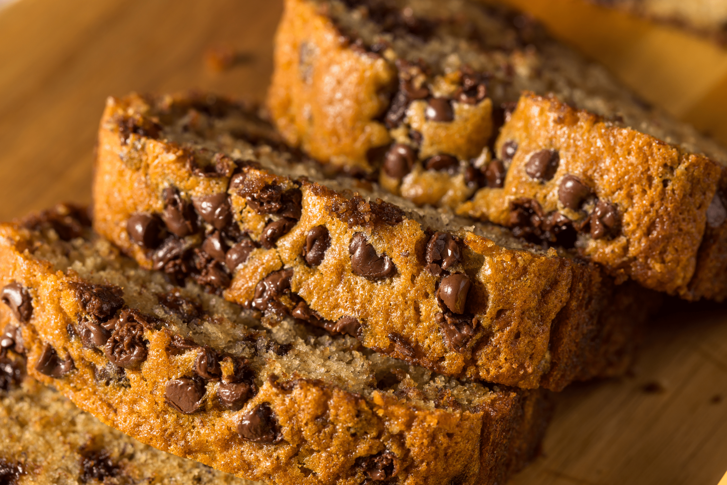 Freshly baked banana bread studded with chocolate chips