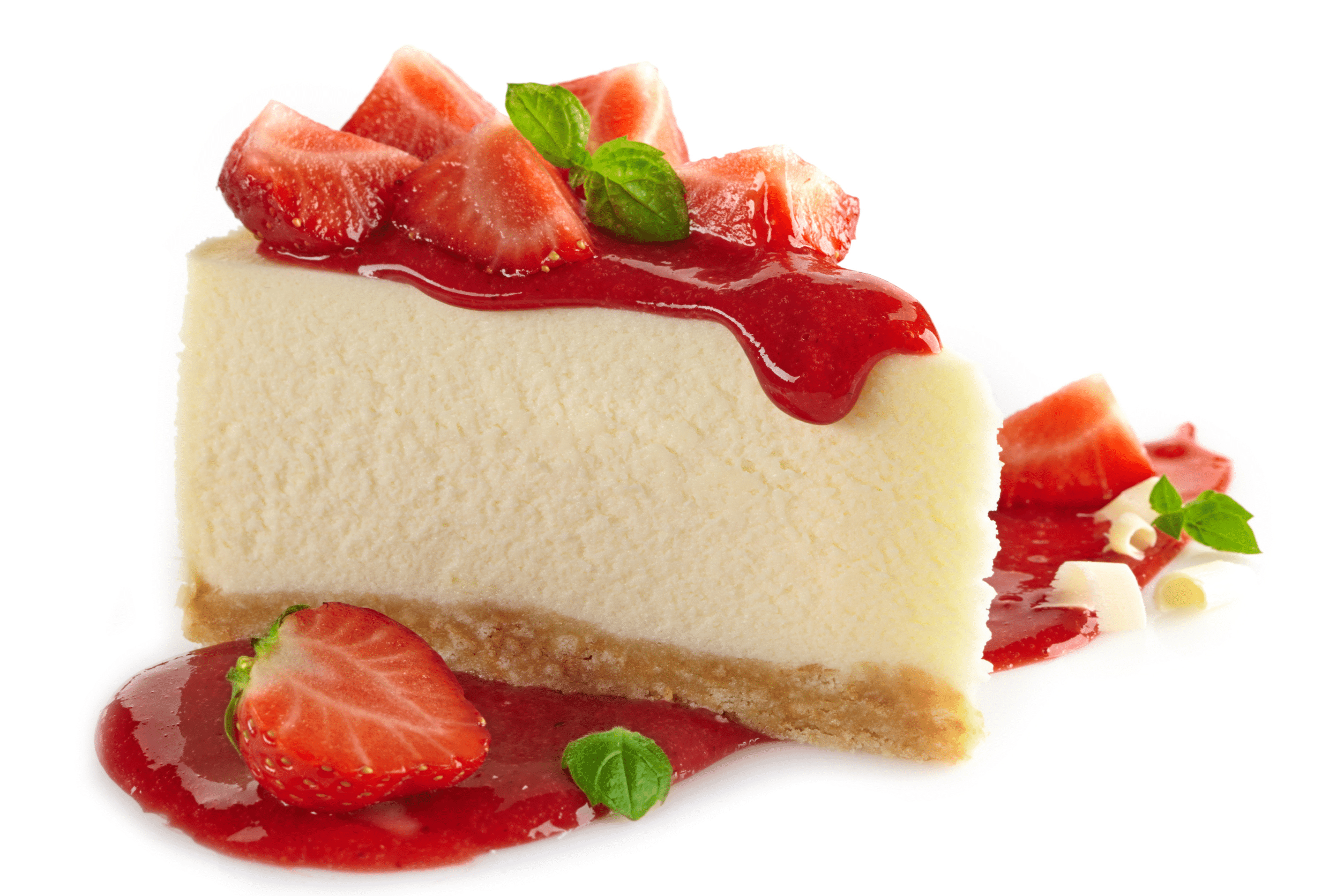 "Indulgent homemade cheesecake with creamy texture, topped with vibrant strawberries