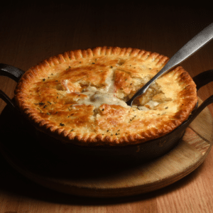 Golden-brown homemade chicken pot pie with flaky crust, filled with chunks of tender chicken