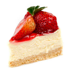 "Indulgent homemade cheesecake with creamy texture, topped with vibrant strawberries