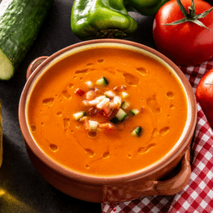tomato-based chilled soup with diced vegetables